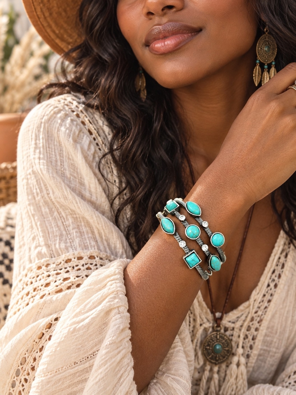 Turquoise Stone Multi-Row Bracelet Stack - Women Jewelry